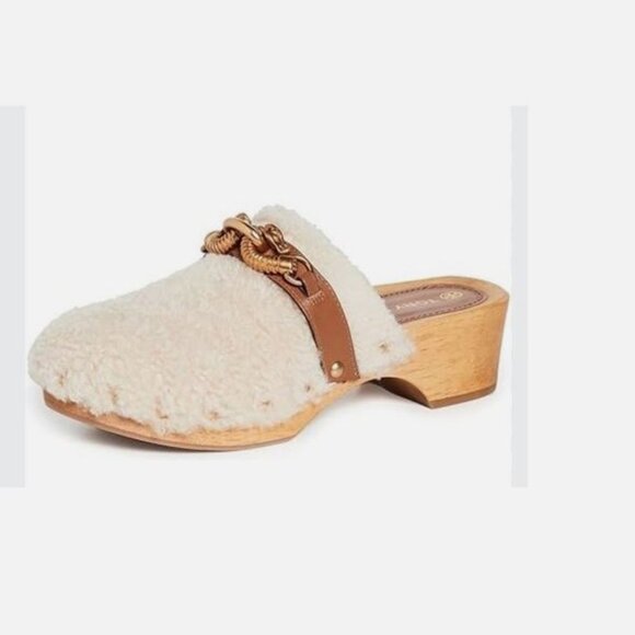 Brand New Tory Burch sz 9.5 Jessa Shearling Clogs buttermilk/royal tan 84927 - Picture 1 of 9